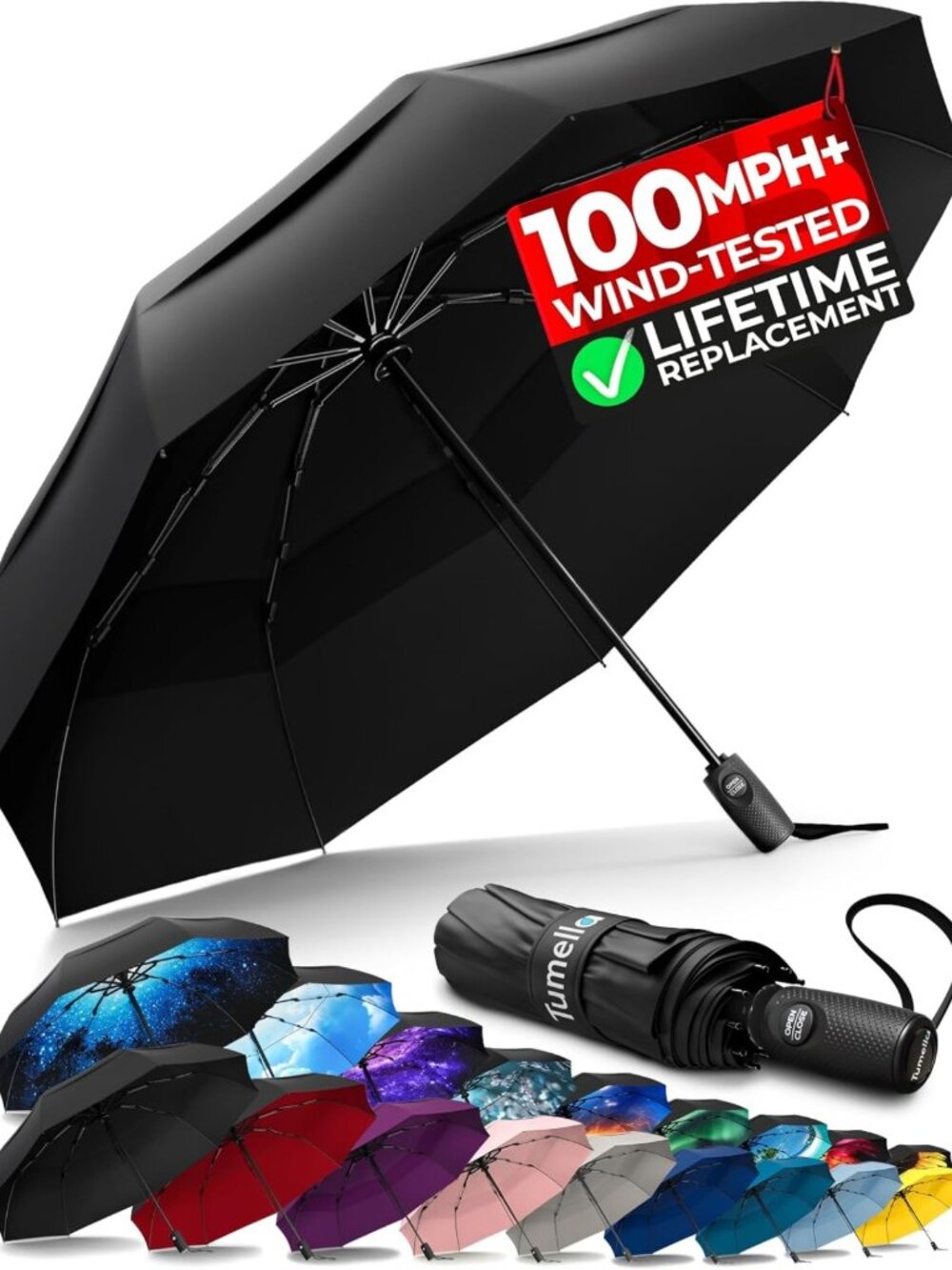 Compact Windproof Travel Umbrella - 100MPH Tested, Lightweight, Automatic